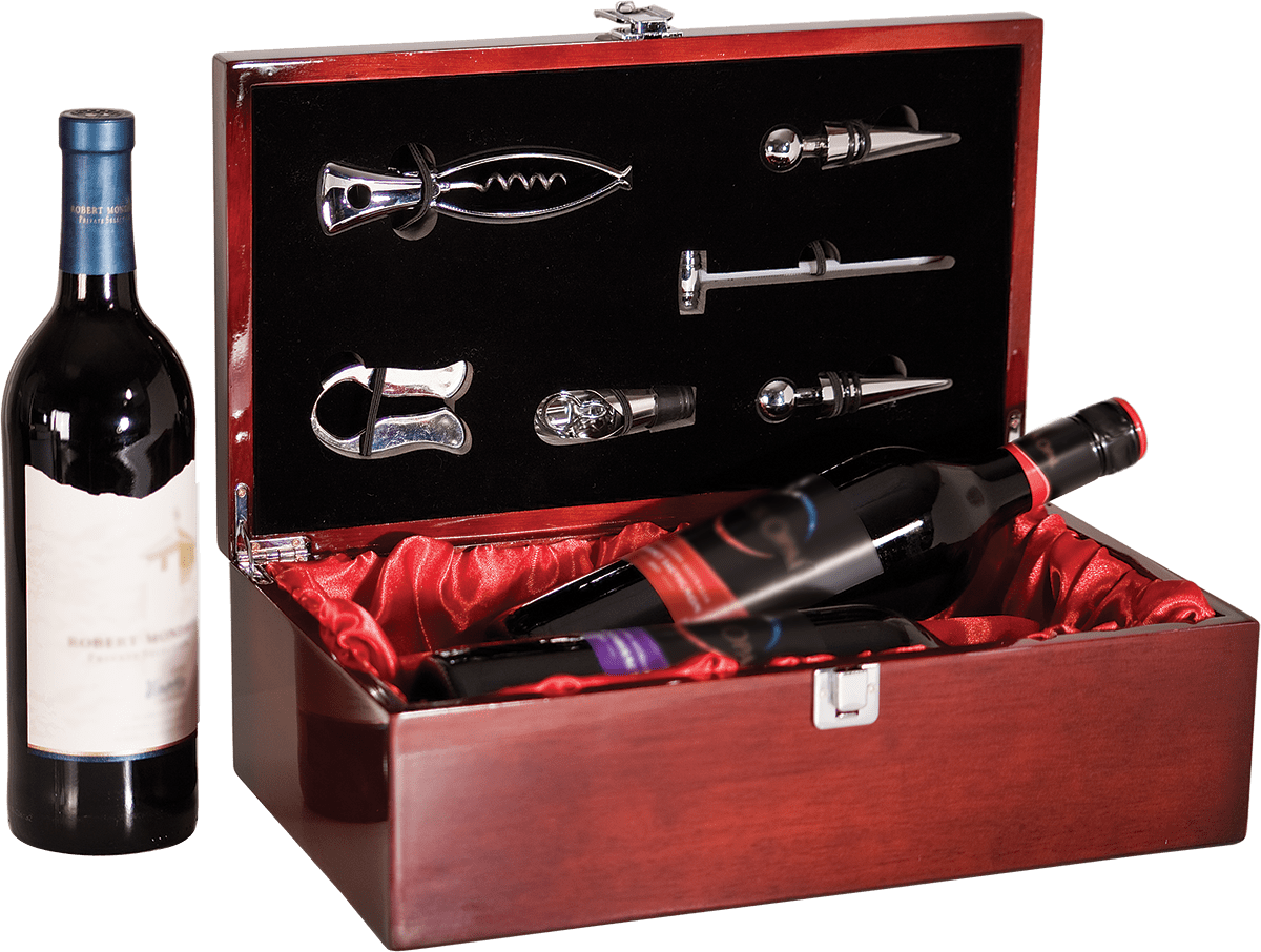 Rosewood Piano Finish Double Bottle Wine Box with Tools - Image 2