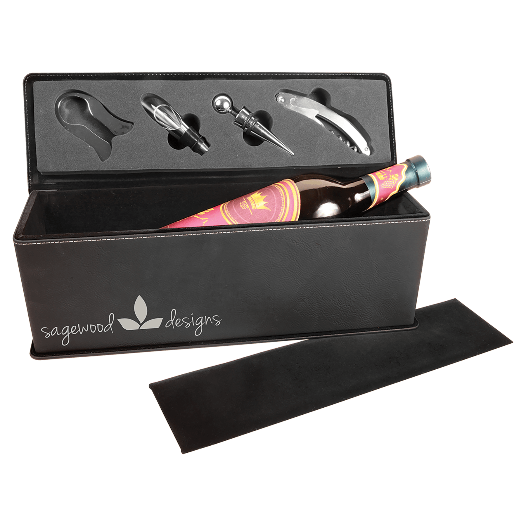 Black/Silver Laserable Leatherette Single Wine Box with Tools