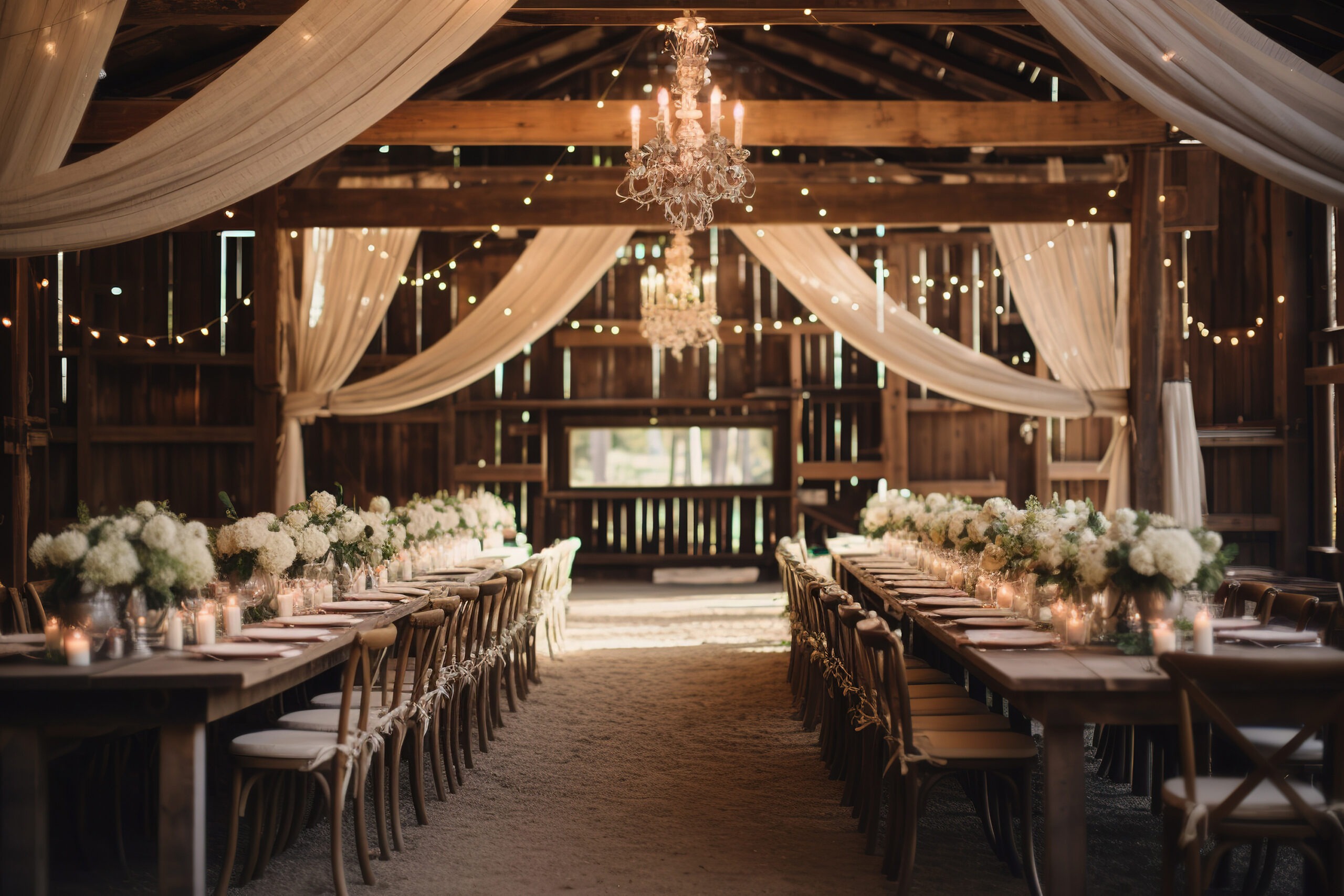 A rustic barn wedding reception venue with long banquet tables set with white flowers and candles, under string lights and fabric draped from the wooden rafters.