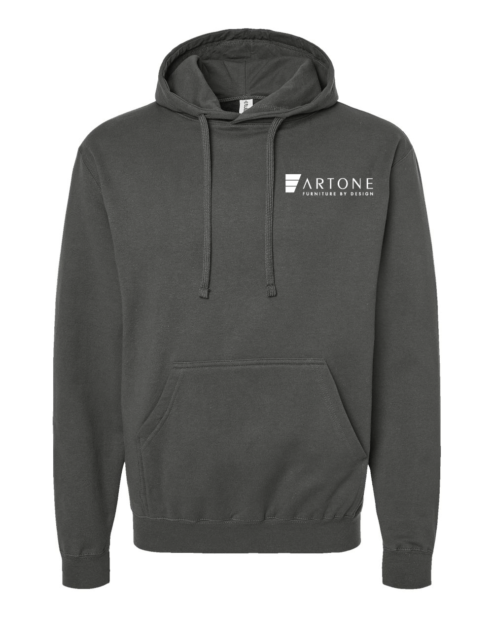 Tultex - Unisex Fleece Hooded Sweatshirt - 320 (Artone) 3 Product mockup of a charcoal gray Tultex 320 pullover hoodie featuring the 'Artone Furniture by Design' logo on the left chest.