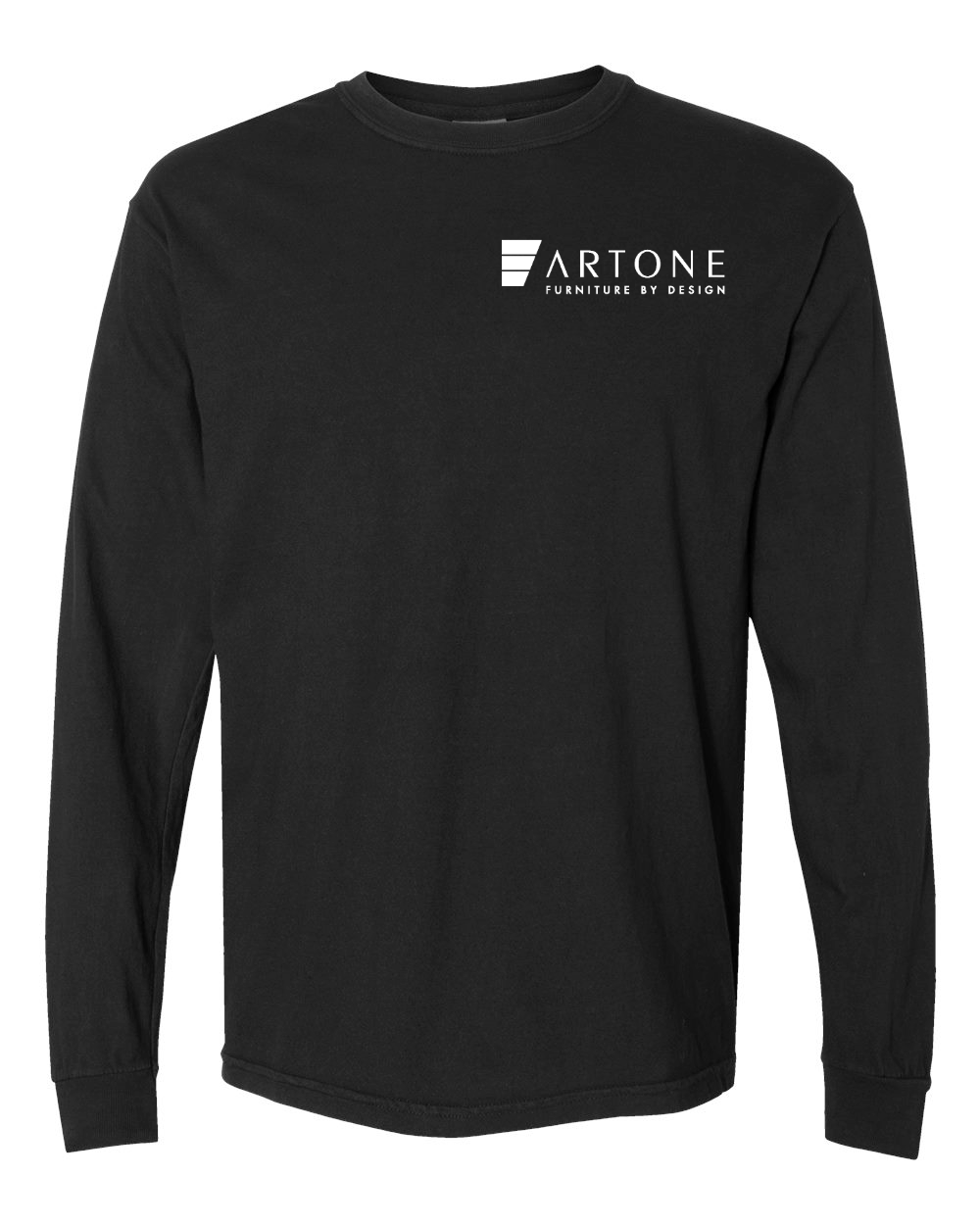 Comfort Colors - Unisex Garment-Dyed Heavyweight Long Sleeve T-Shirt - 6014 (Artone) 3 Product mockup of a black Comfort Colors 6014 long-sleeve t-shirt featuring the 'Artone Furniture by Design' logo on the left chest.