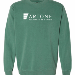 Product mockup of a light green Comfort Colors 1566 crewneck sweatshirt with a large 'Artone Furniture by Design' logo on the center chest.