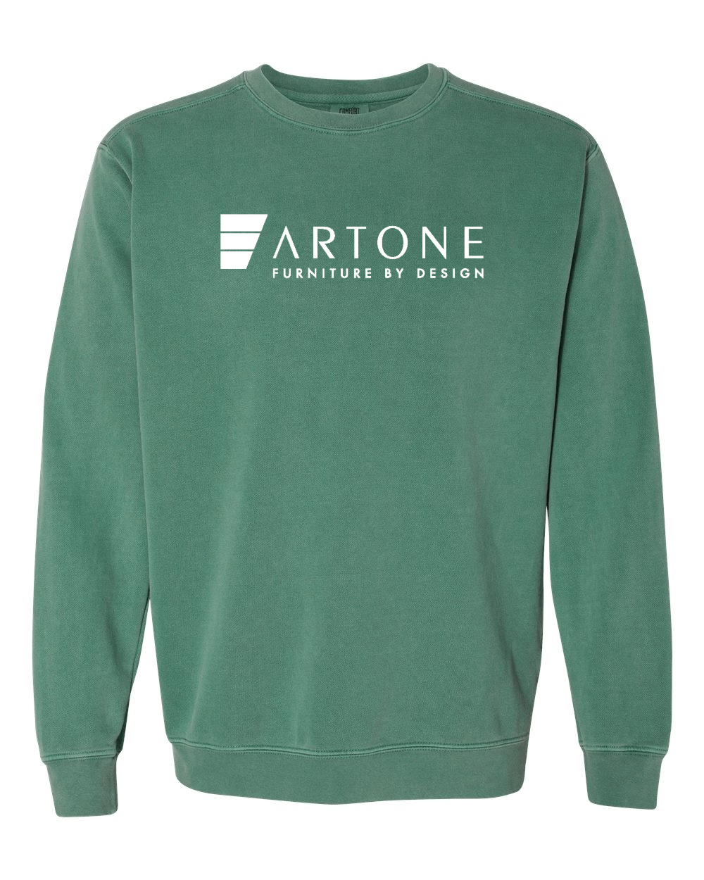 Comfort Colors - Unisex Garment-Dyed Crewneck Sweatshirt - 1566 1 Product mockup of a light green Comfort Colors 1566 crewneck sweatshirt with a large 'Artone Furniture by Design' logo on the center chest.