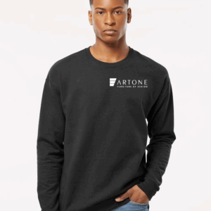 Male model wearing a custom black Tultex 340 crewneck sweatshirt with the 'Artone Furniture by Design' logo printed on the left chest.