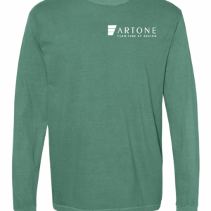 Product mockup of a light green Comfort Colors 6014 long-sleeve t-shirt with the 'Artone Furniture by Design' logo printed on the left chest.