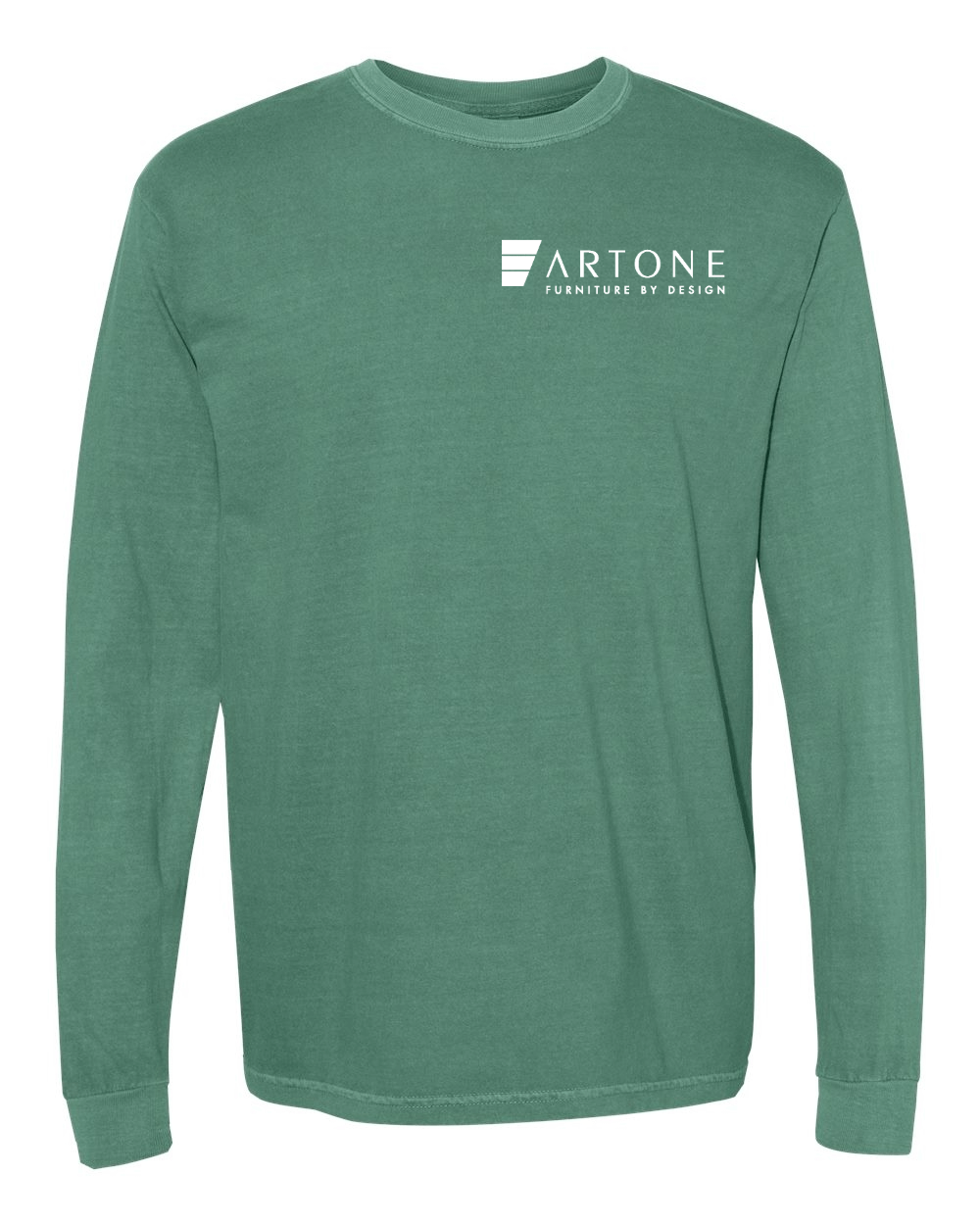 Comfort Colors - Unisex Garment-Dyed Heavyweight Long Sleeve T-Shirt - 6014 (Artone) 1 Product mockup of a light green Comfort Colors 6014 long-sleeve t-shirt with the 'Artone Furniture by Design' logo printed on the left chest.