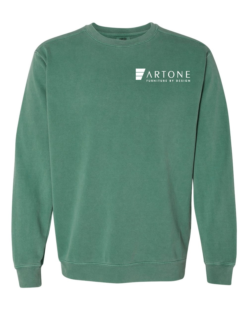 Comfort Colors - Unisex Garment-Dyed Crewneck Sweatshirt - 1566 2 Product mockup of a light green Comfort Colors 1566 crewneck sweatshirt with the 'Artone Furniture by Design' logo printed on the left chest.