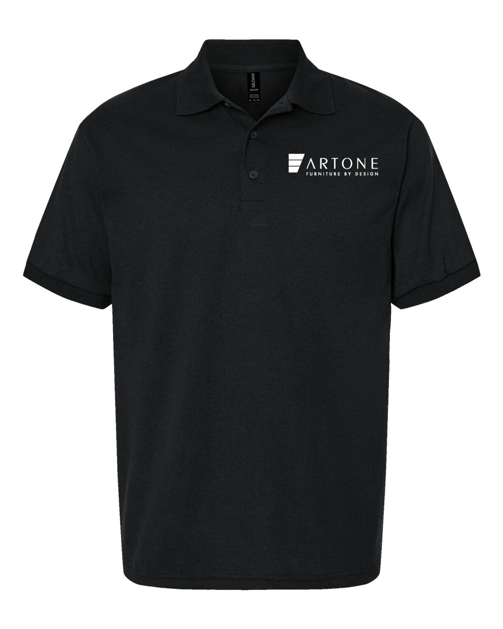 Gildan - Unisex DryBlend® Jersey Polo - 8800 (Artone) 2 Product mockup of a black Gildan 8800 polo shirt featuring the 'Artone Furniture by Design' logo on the left chest.