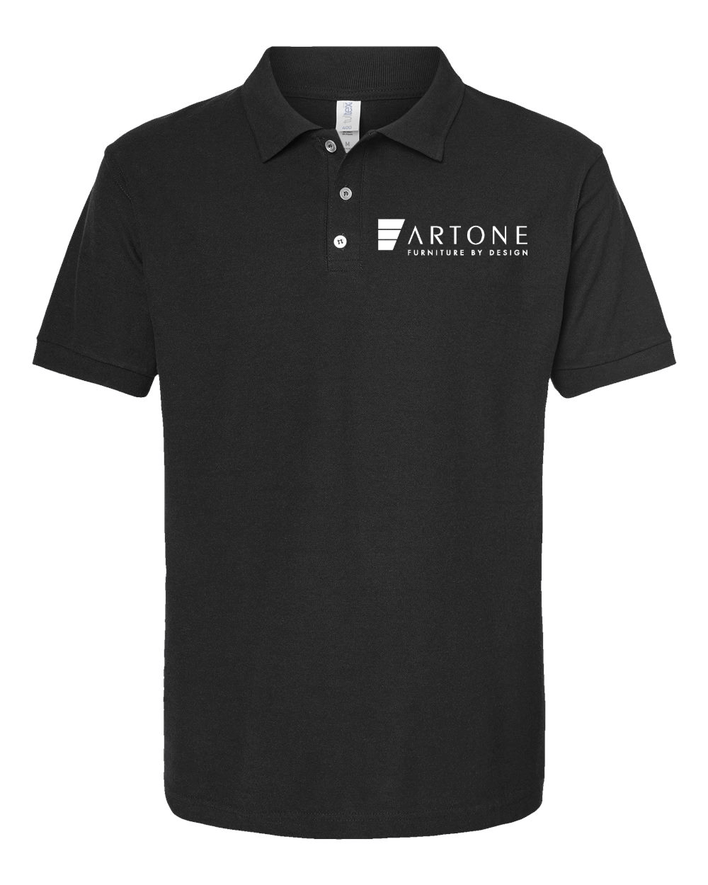 Tultex - Men's 50/50 Sport Pique Polo - 400 (Artone) 2 Product mockup of a black Tultex 400 polo shirt featuring the 'Artone Furniture by Design' logo on the left chest.