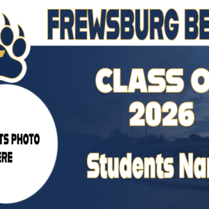 Frewsburg Bears Class of 2026 graduation yard sign with student photo and custom name displayed outdoors on lawn